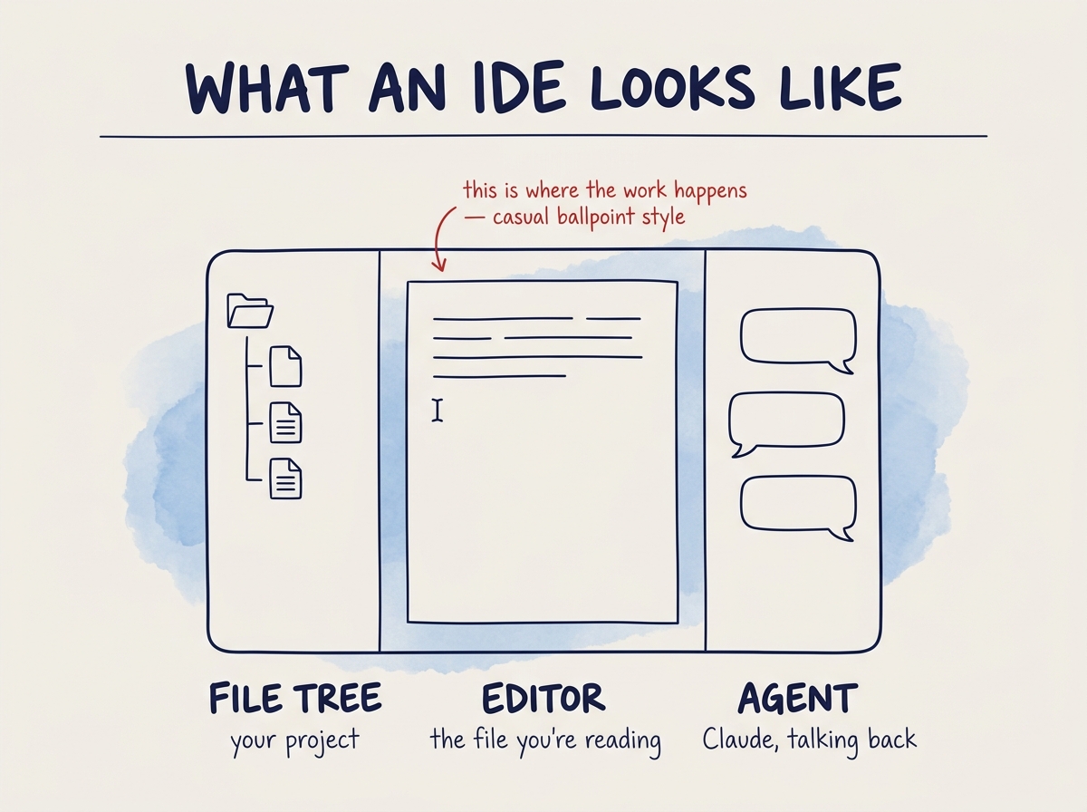 The three panes of an IDE — file tree, editor, agent.