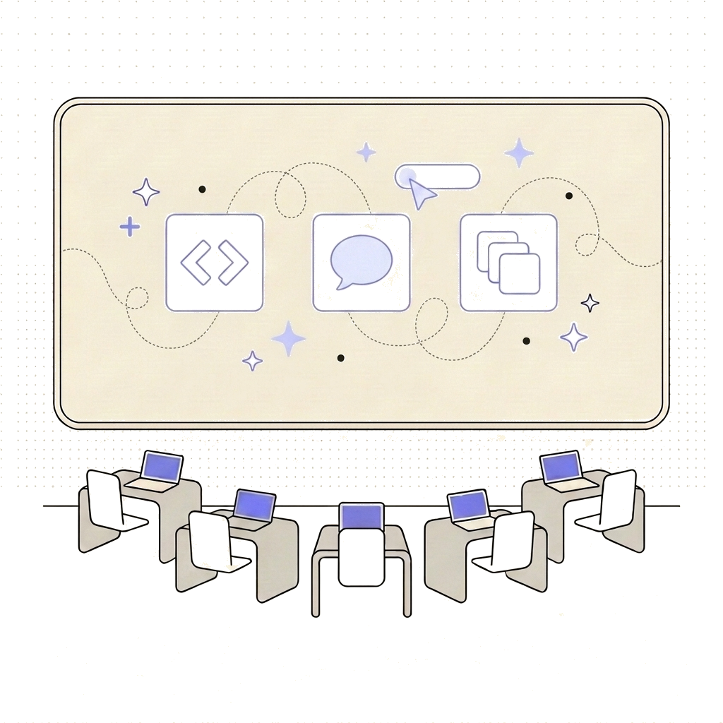 Flat illustration of three connected application windows representing Visual Studio, the Claude terminal, and Figma
